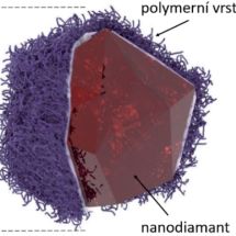 Obrázek 1a - Schématický nákres fluorescenčního nanodiamantu s povrchovou polymerní vrstvou.