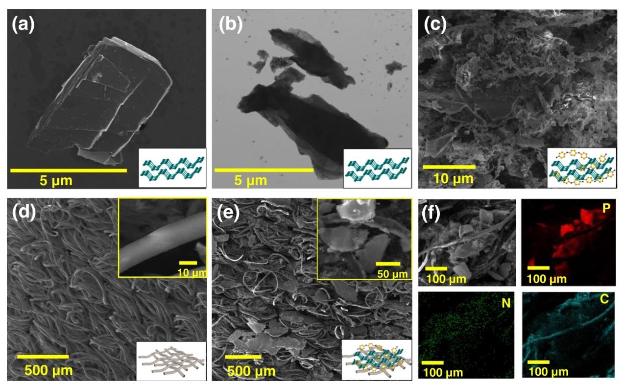  ◳ a, b SEM and STEM images of pristine BP. c SEM image of BP@PANI composite. d SEM image of the pristine fabric. e SEM image of BP@PANI-coated fabric. f EDS mapping of BP@PANI-coated fabric