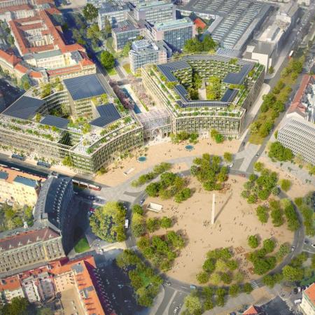 Ptačí pohled na dostavbu 4. kvadrantu, tým 11 MVRDV (NL), zdroj ONplan Ptačí pohled na dostavbu 4. kvadrantu, tým 11 MVRDV (NL), zdroj ONplan