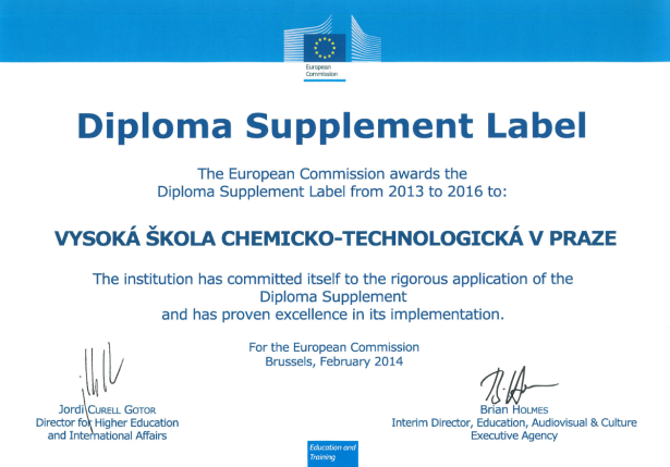 Diploma supplement Label - certificate for UCT Prague
