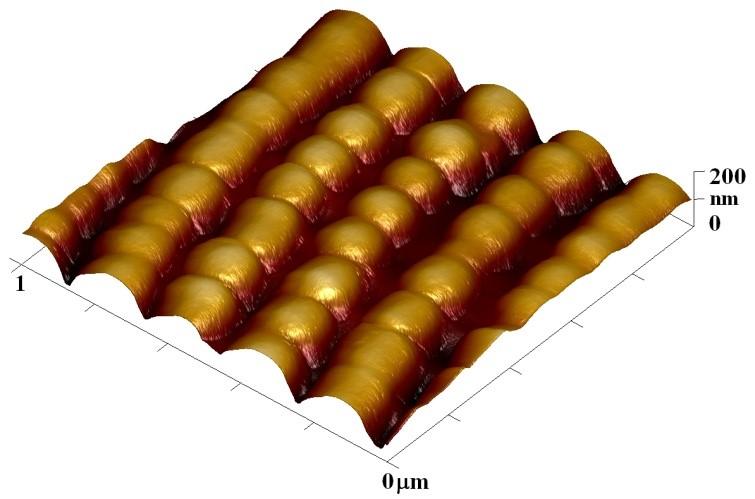 Obr. 1 - Snímek z mikroskopu atomárních sil polymerního povrchu,ozářeného laserem s cílem vytvořit globulární strukturu vyrovnanou v liniích Obr. 1 - Snímek z mikroskopu atomárních sil polymerního povrchu,ozářeného laserem s cílem vytvořit globulární strukturu vyrovnanou v liniích